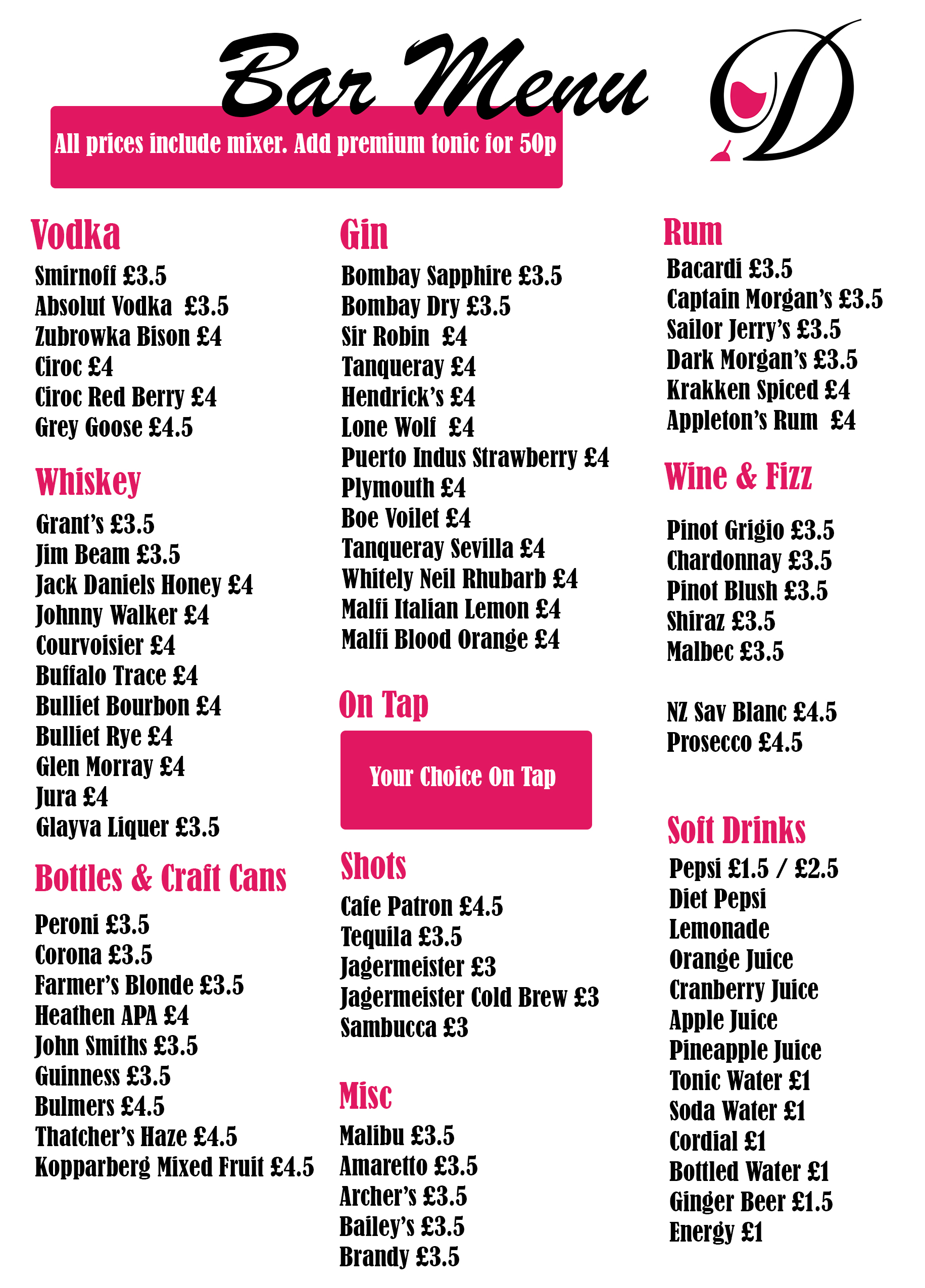 Bar Drinks List