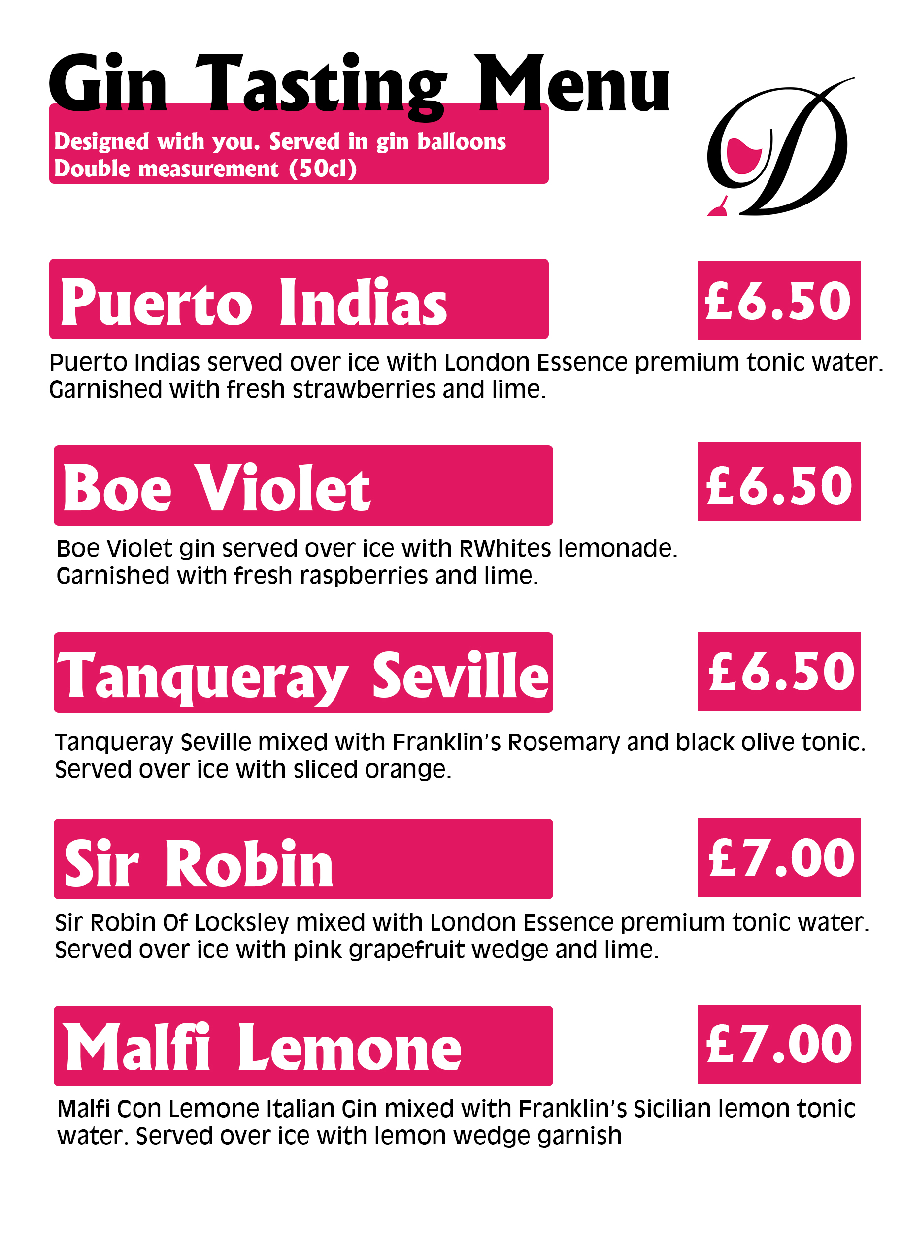 Gin tasting menu 1920 Drinks Now Event Bars Bespoke Mobile Bar