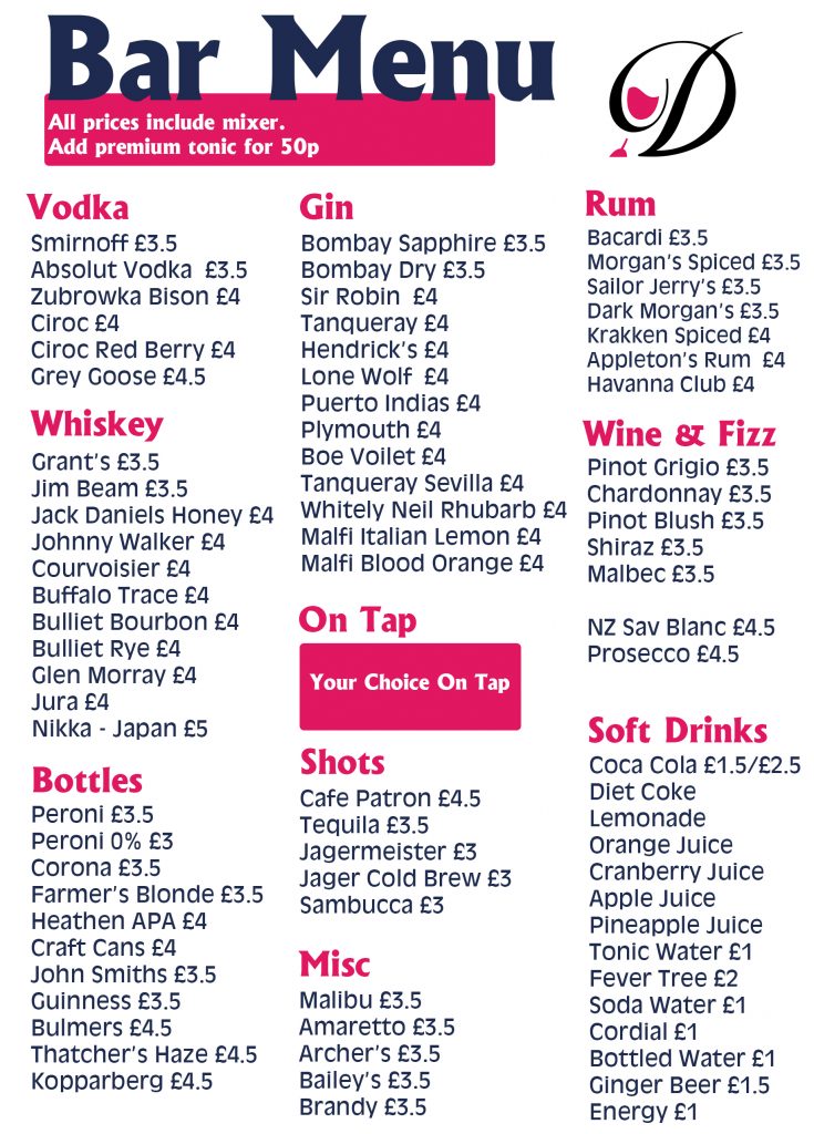 Bar Menu gin cocktails Drinks Now Event Bars Bespoke Mobile Bar